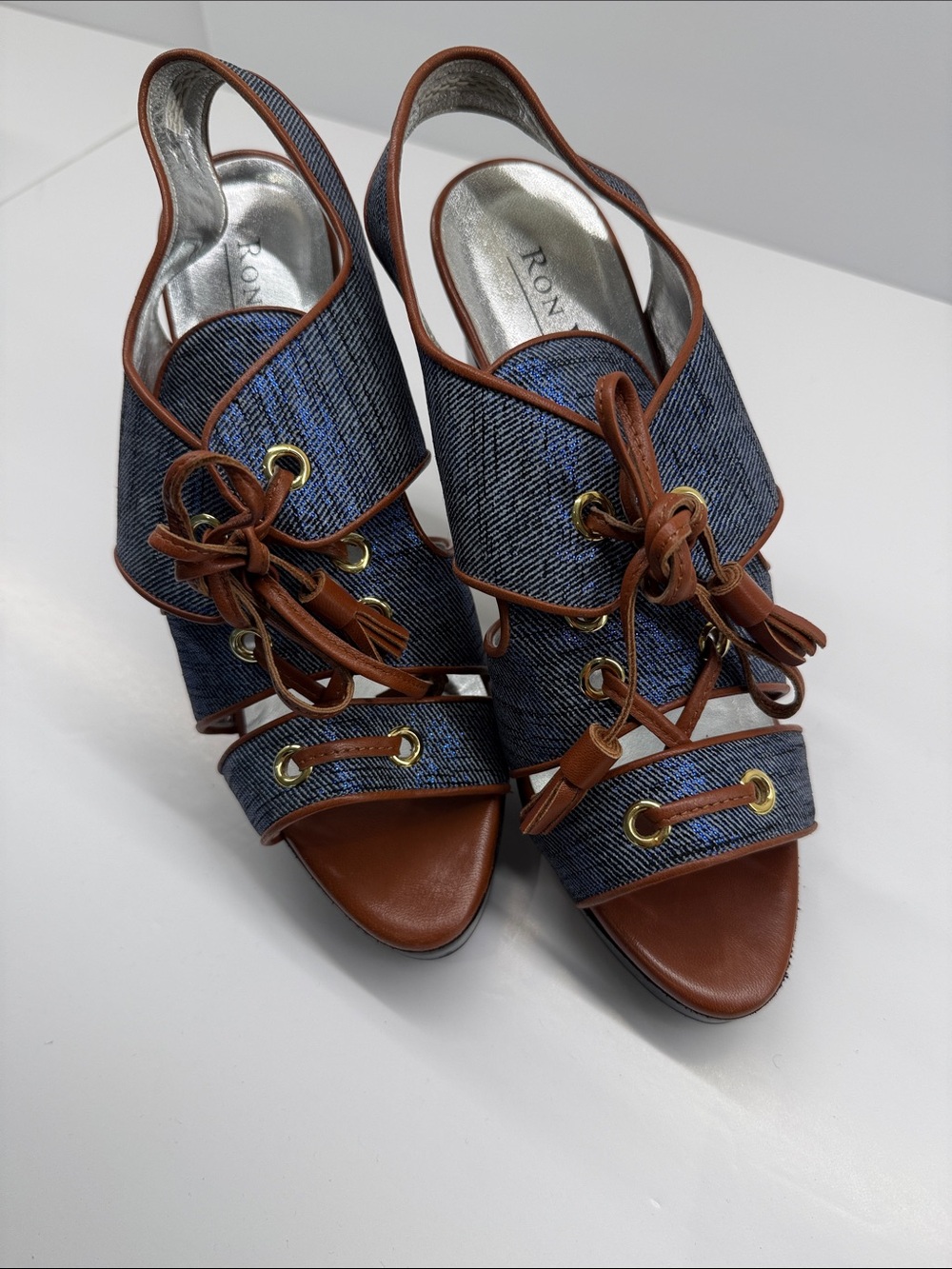 Ron White Denim and Brown Leather Slingback Lace-Up Heels